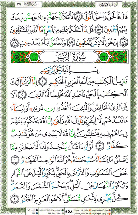 Quran page 458 — Surah Az-Zumar (الزمر) — Holy Quran Al-Karim