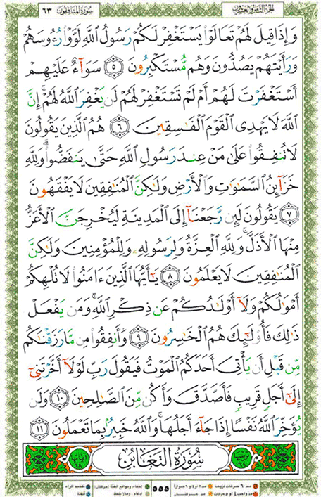 Quran page 555 — Surah Al-Munafiqun (المنافقون) — Holy Quran Al-Karim