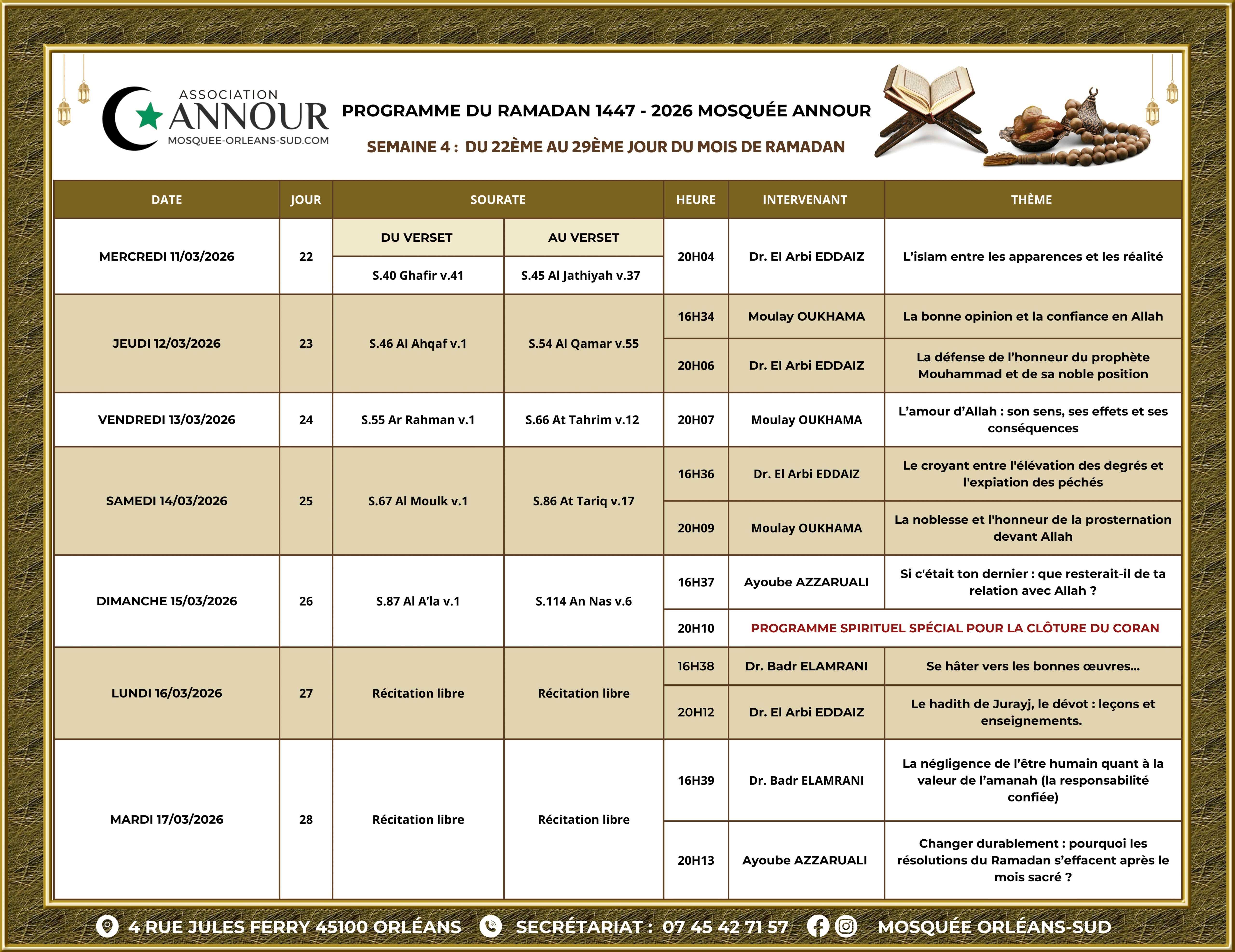 Programme du ramadan 1447 - 2026 mosquée annour - semaine 4