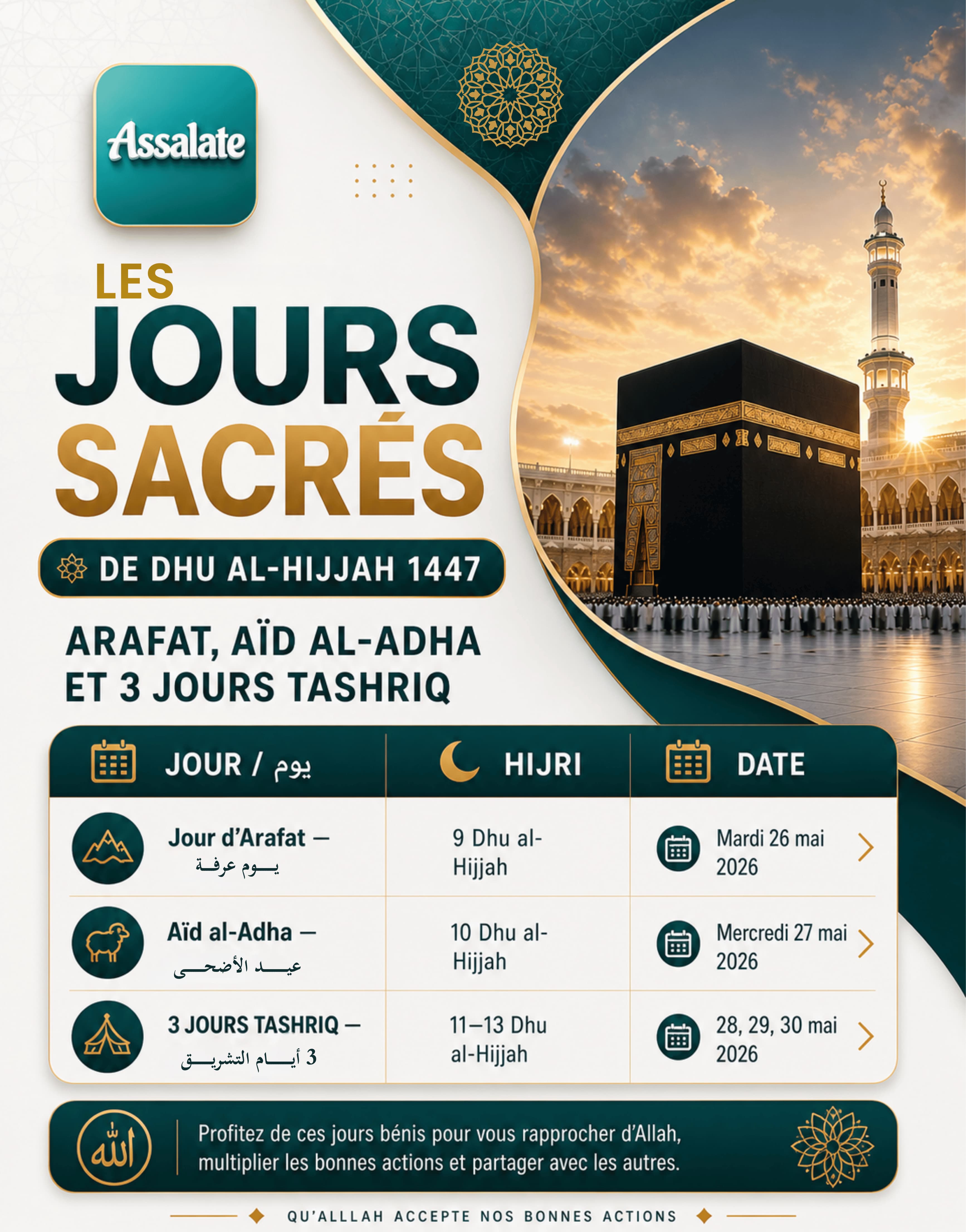 Les Jours Sacrés de Dhu al-Hijjah 1447 — Arafat, Aïd al-Adha et Tashriq