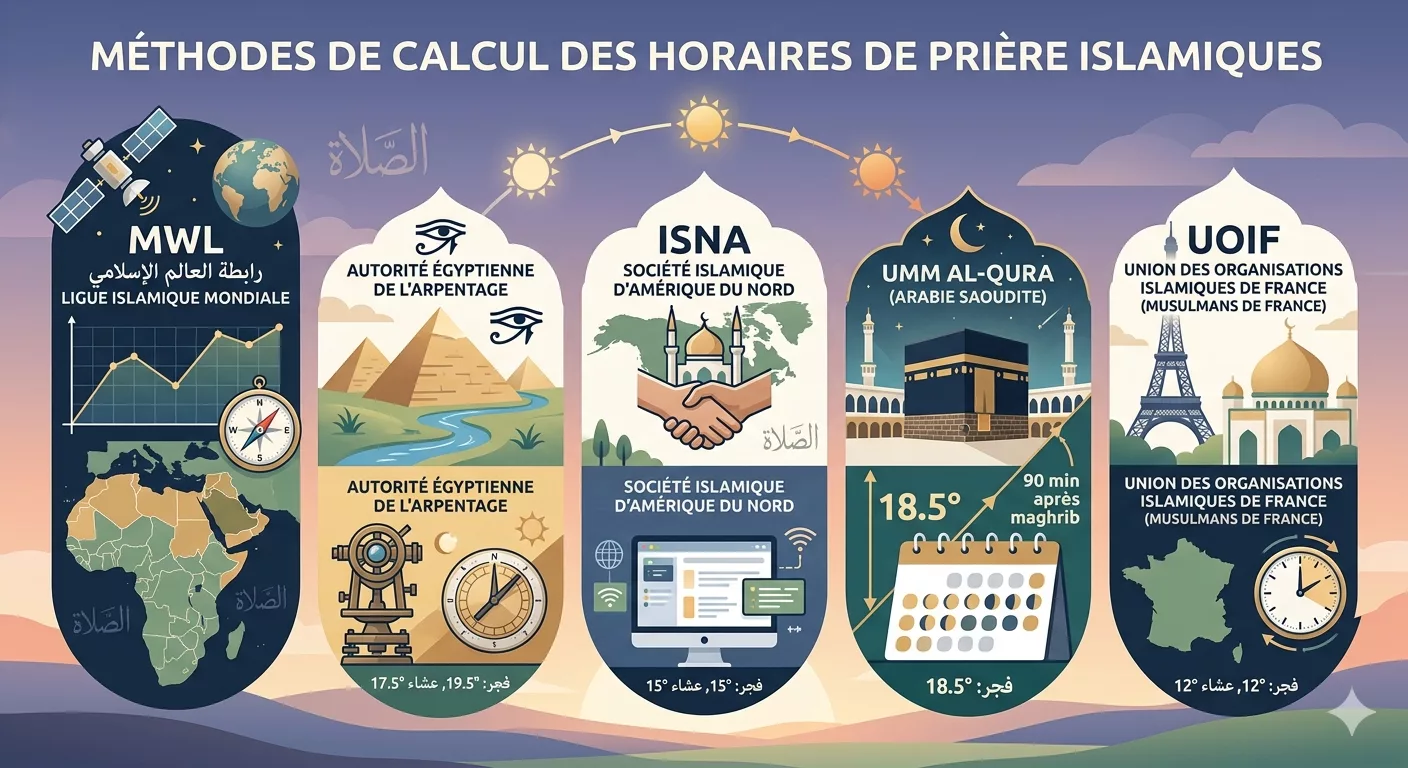 Méthodes de calcul des horaires de prière (MWL, Egyptian, ISNA, Umm al-Qura, UOIF)